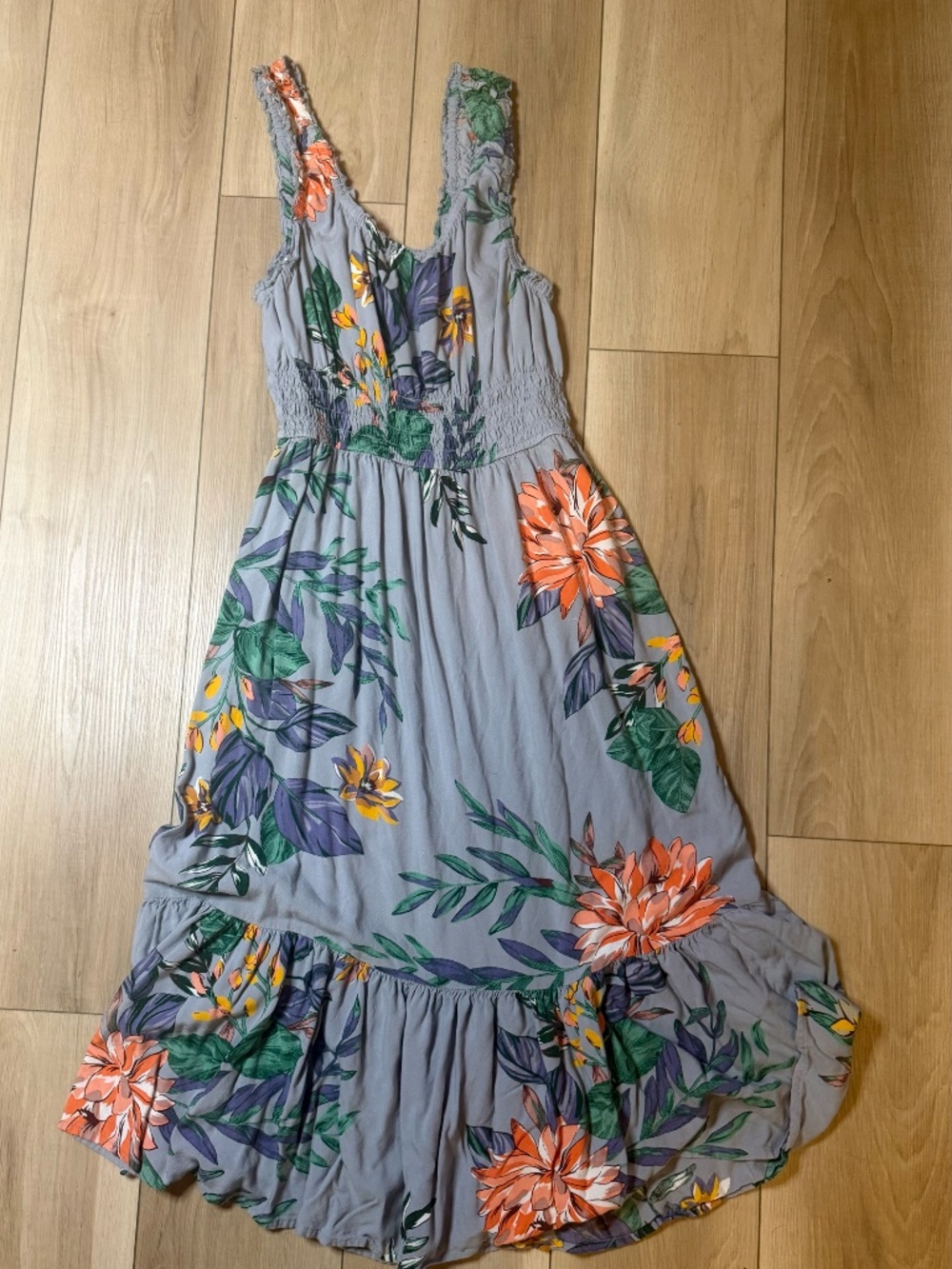 Floral Midi Dress Size S | Gray Boho Flowy Summer Dress | Smocked Waist - Picture 2 of 2